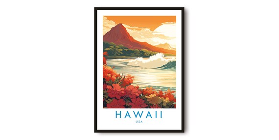 Hawaii USA Travel Poster Volcano Peak Waves and Tropical Flowers Art
