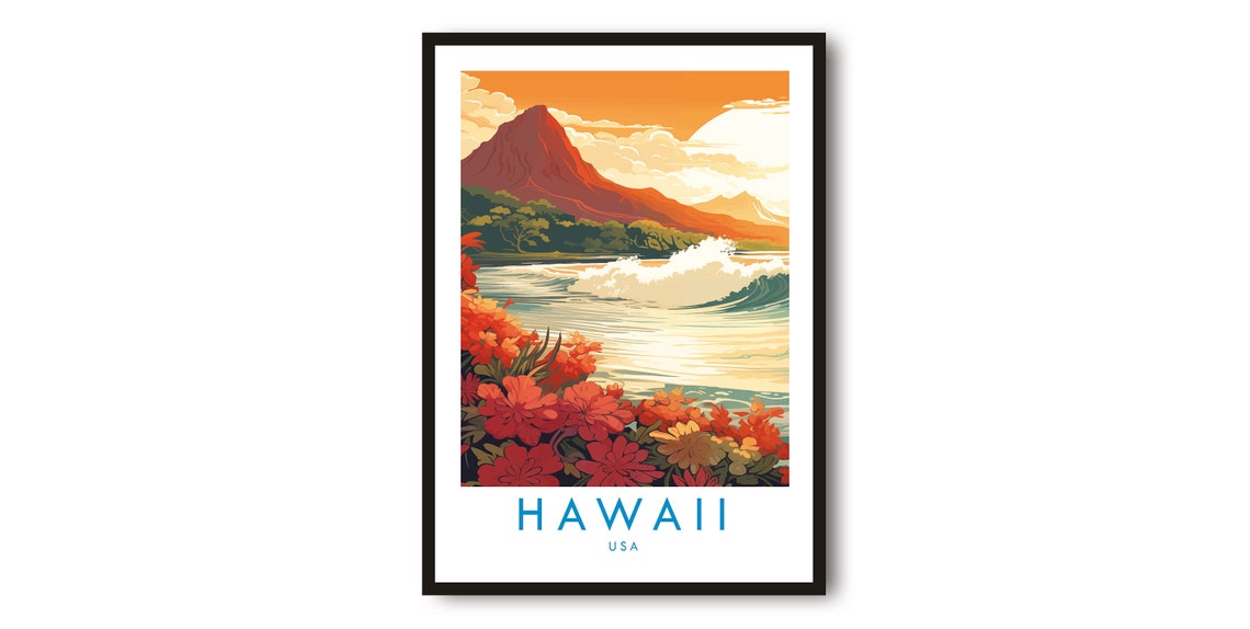 Hawaii USA Travel Poster Volcano Peak Waves and Tropical Flowers Art