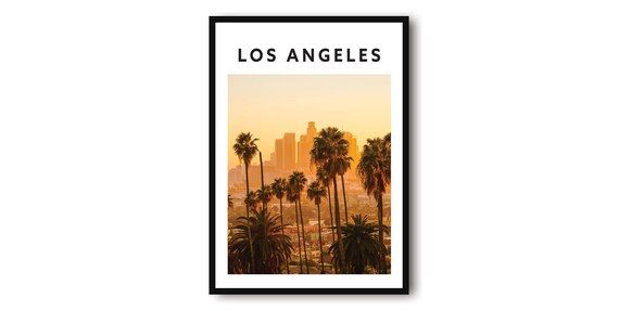 Los Angeles Palm Trees Sunset Downtown Skyline Travel Poster