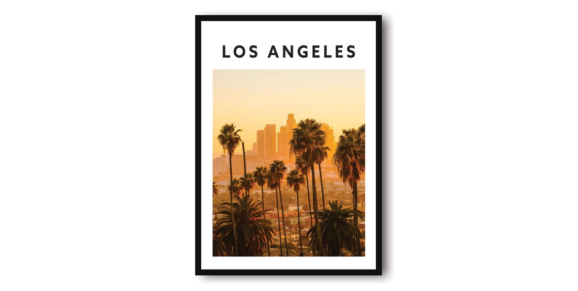 Los Angeles Palm Trees Sunset Downtown Skyline Travel Poster