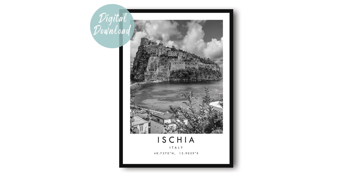 Ischia Italy Aragonese Castle Black And White Photo Travel Poster