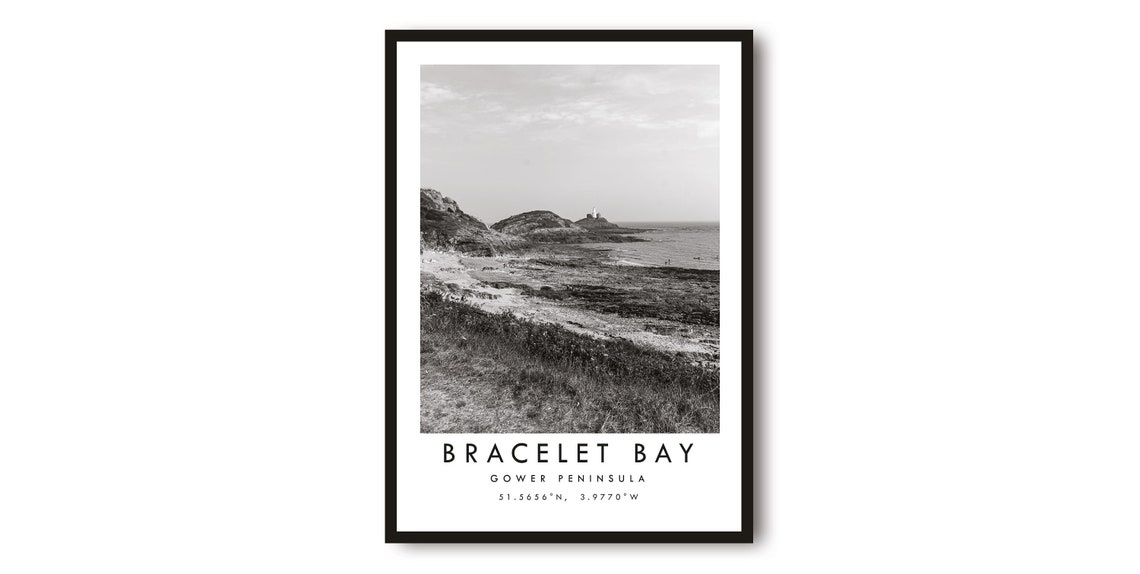 Bracelet Bay Gower Peninsula Poster Black and White Lighthouse Coast