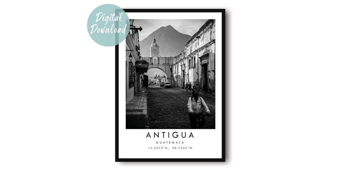 Antigua Guatemala Black And White Colonial Arch And Volcano Poster