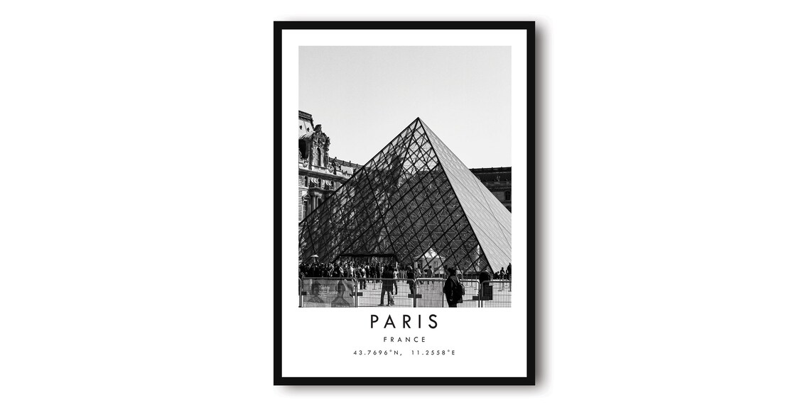 Paris Louvre Pyramid Black and White Photo Poster France Travel Minimalist