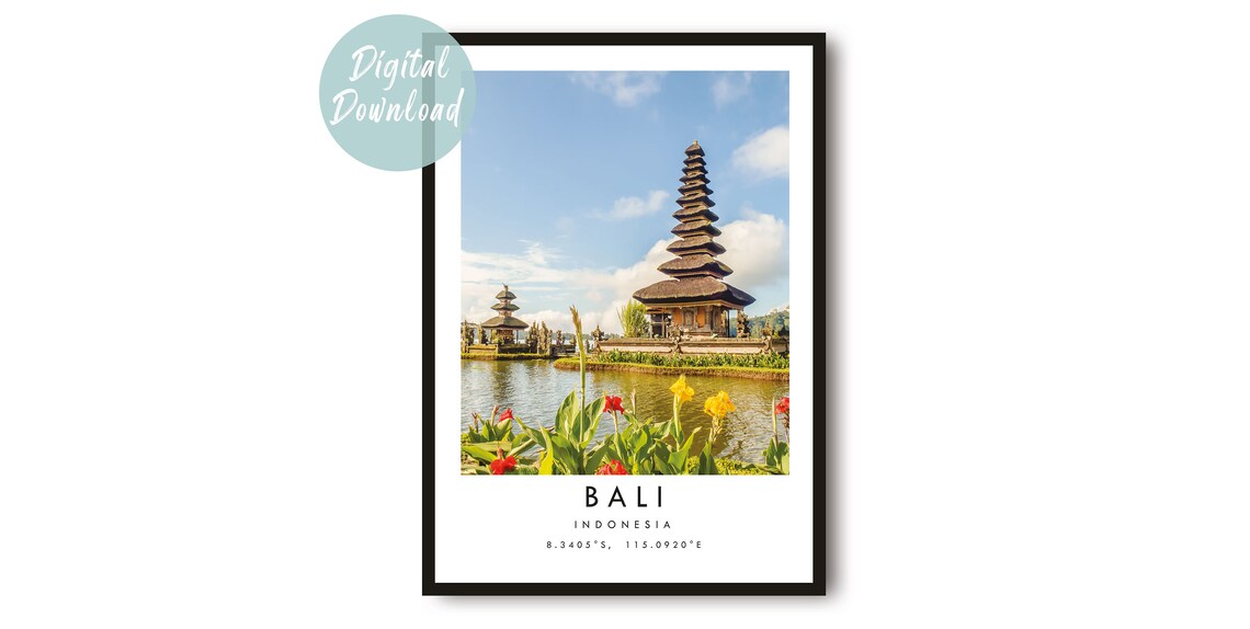 Bali Ulun Danu Bratan Temple Colorful Lakeside Travel Poster