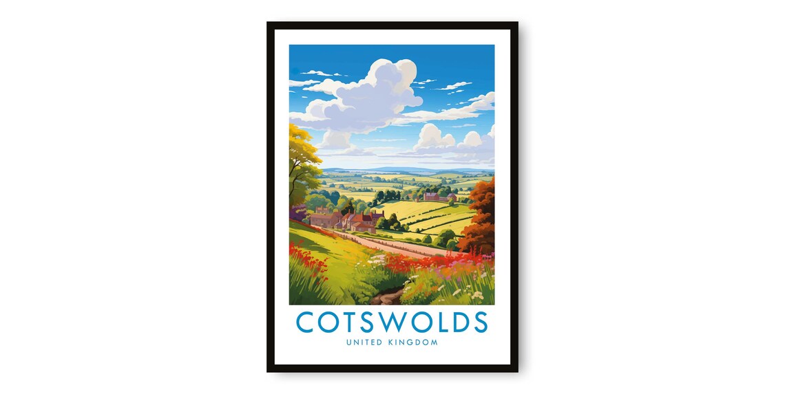 Cotswolds England Countryside Travel Poster Rolling Hills Village Art