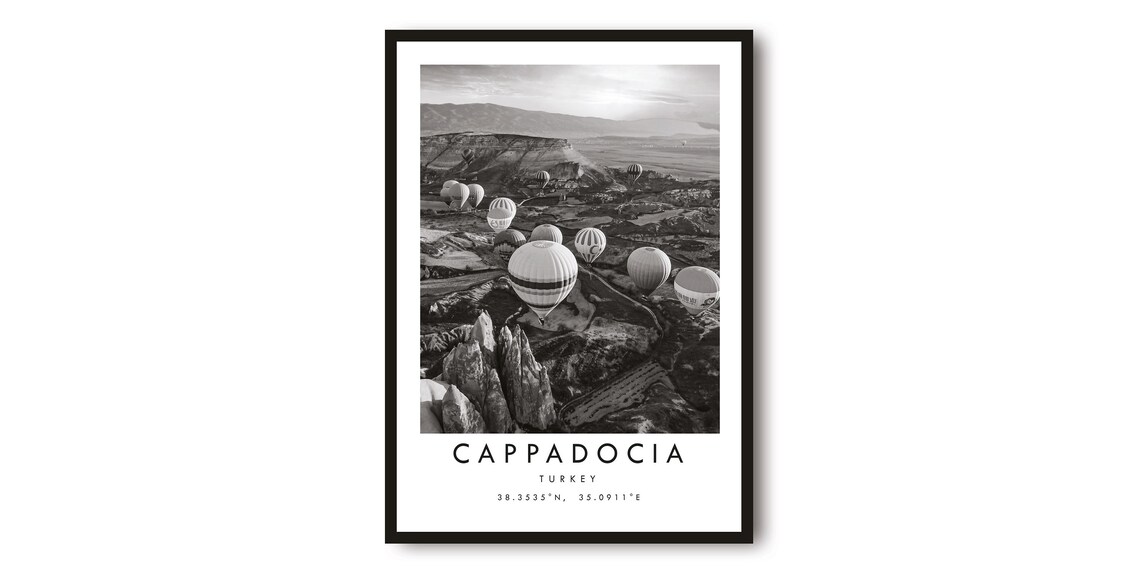 Cappadocia Turkey Hot Air Balloons Black White Travel Poster