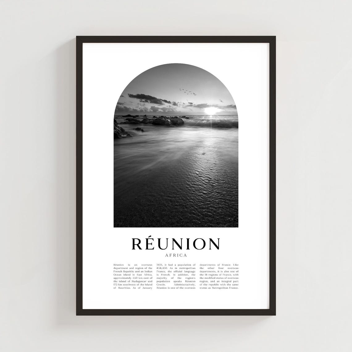 Reunion Africa Ocean Sunset Rocky Shore Black and White Photo Poster