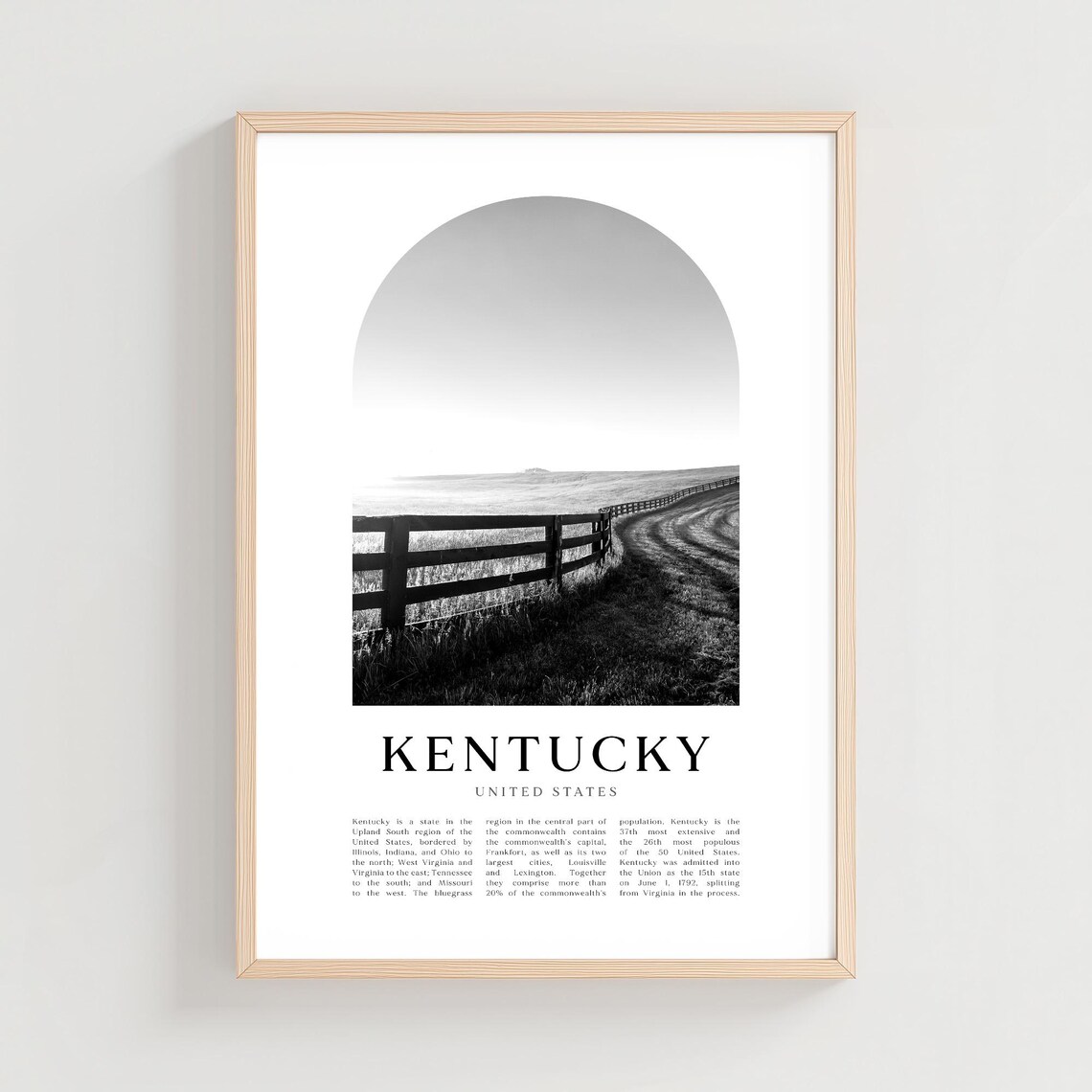 Kentucky Pasture Wooden Fence Open Field Black White Minimalist Travel Poster