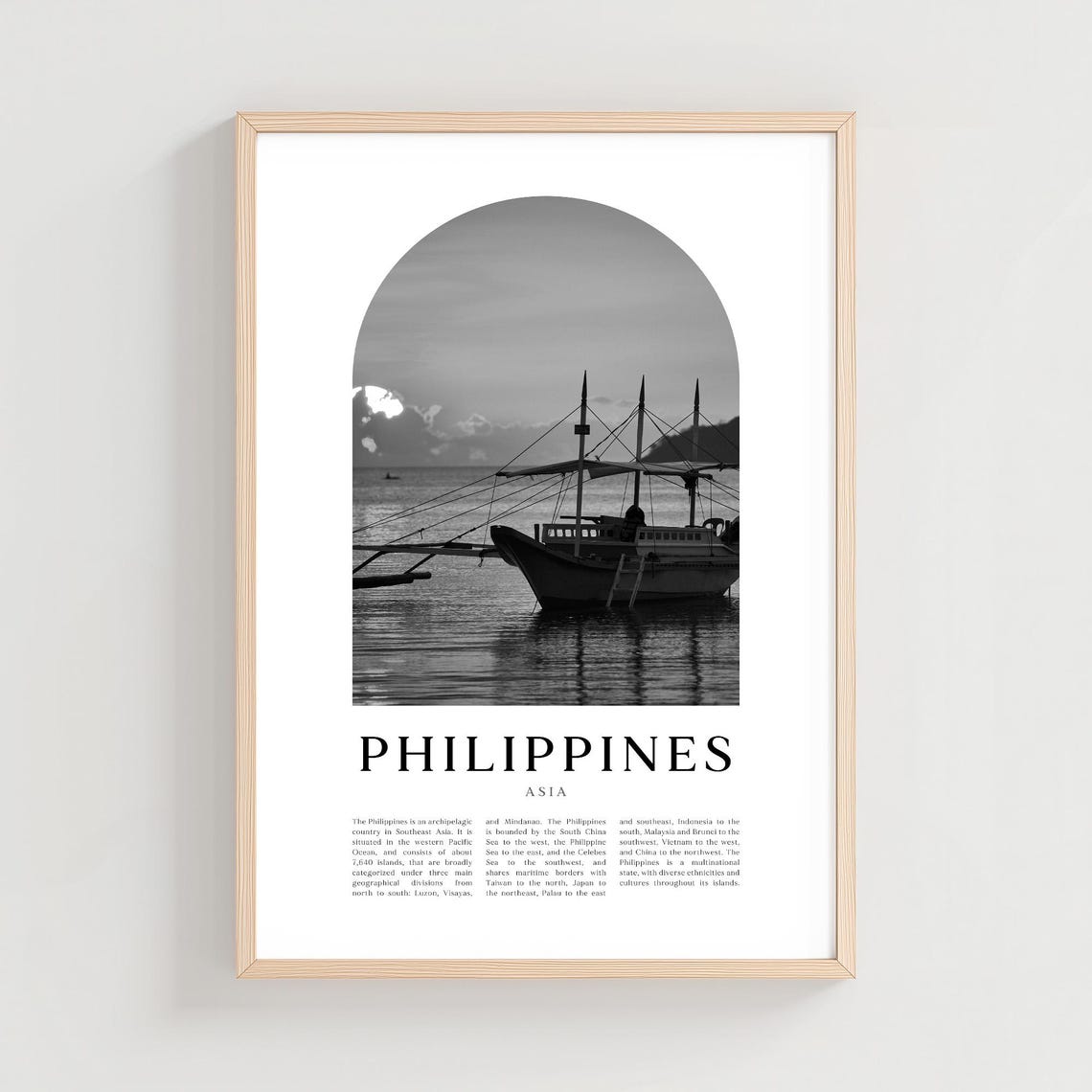 Philippines Banca Boats Harbor Sunset Black White Photo Print