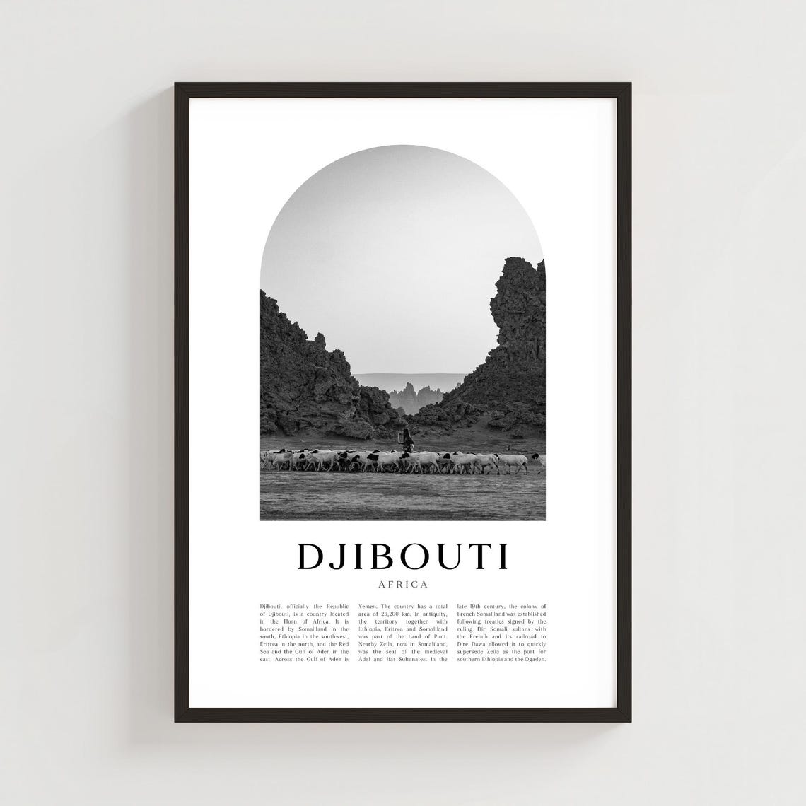 Djibouti Africa Goat Herd Desert Valley Black White Minimalist Poster