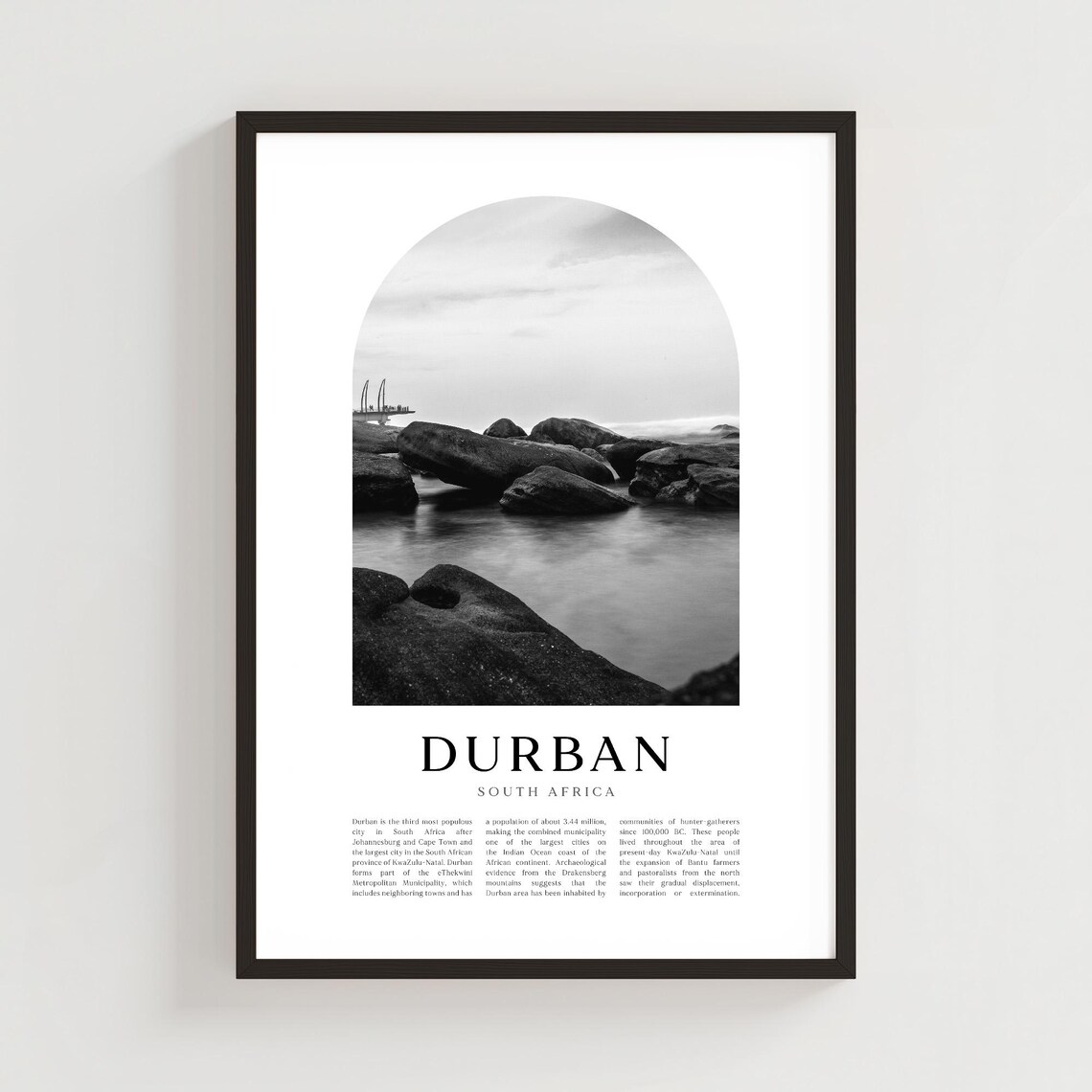 Durban South Africa Rocky Shore Monochrome Arch Photo Travel Poster