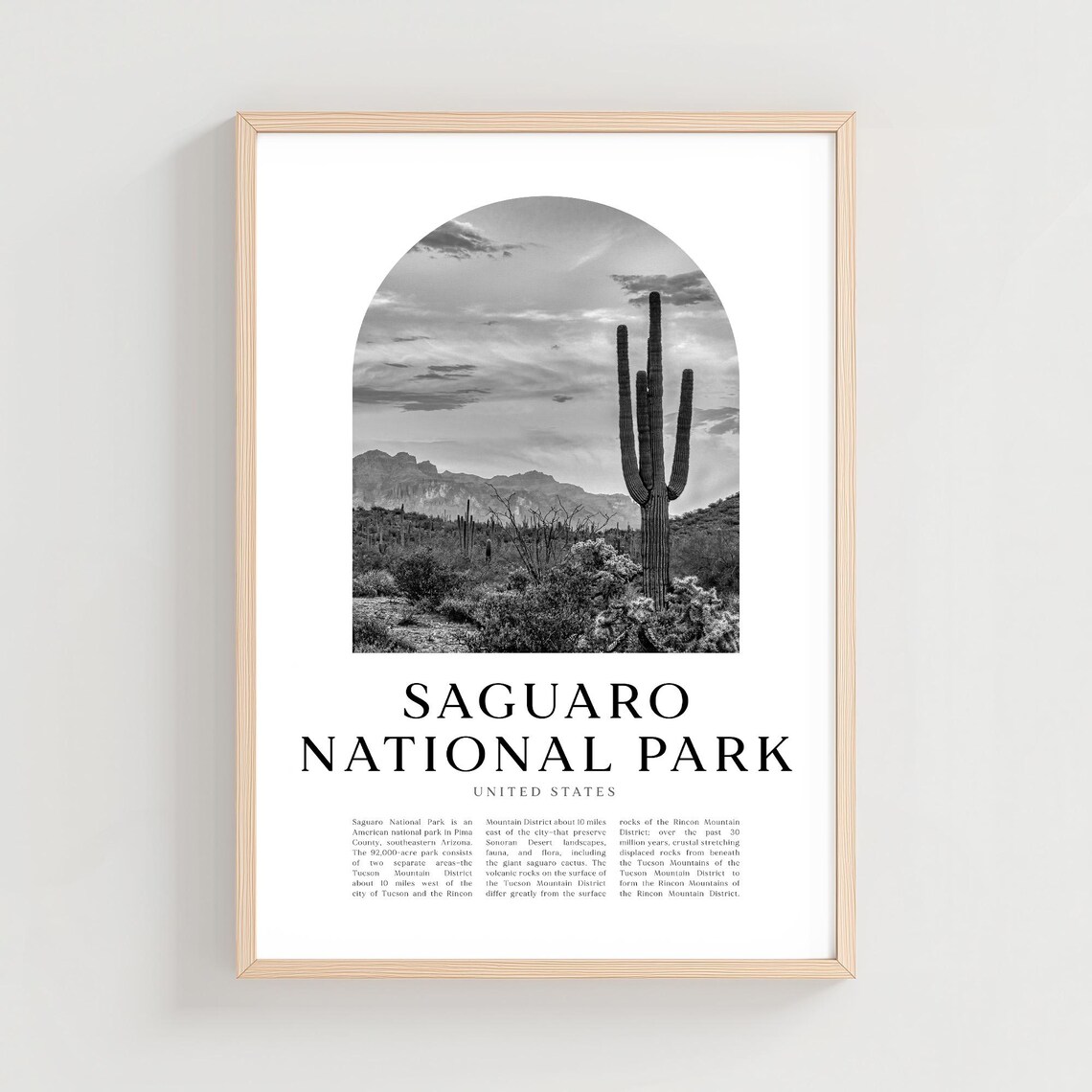 Saguaro National Park Giant Cactus Desert Sunset Black White Travel Poster