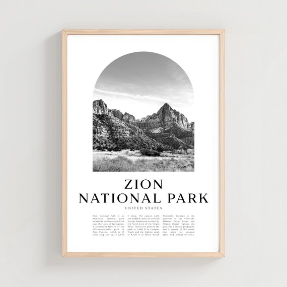 Zion National Park Canyon Walls Black and White Travel Poster