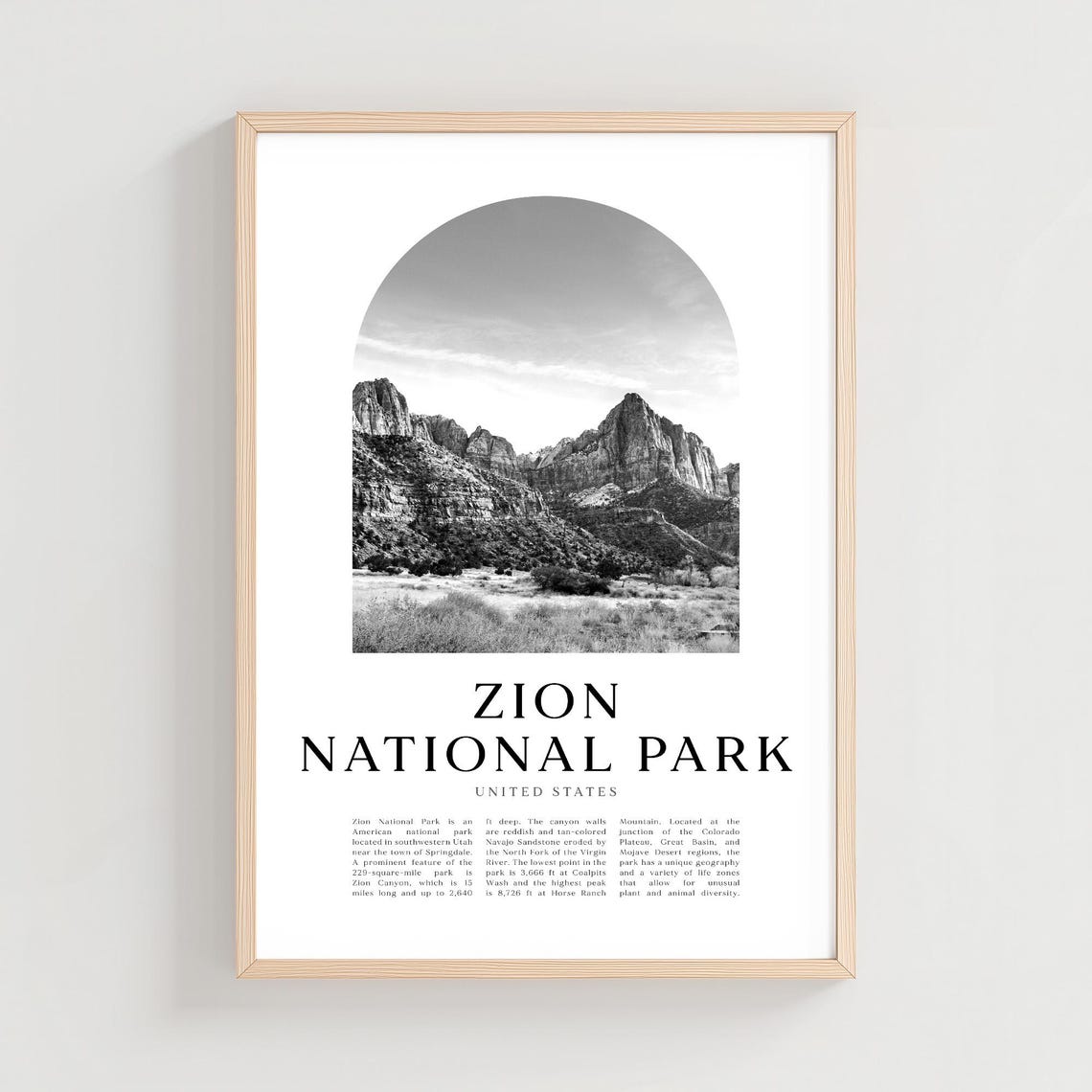 Zion National Park Canyon Walls Black and White Travel Poster