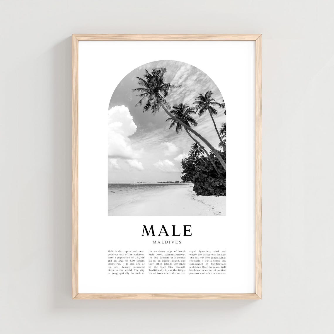 Male Maldives Poster Black White Palm Trees Beach Photo Artwork
