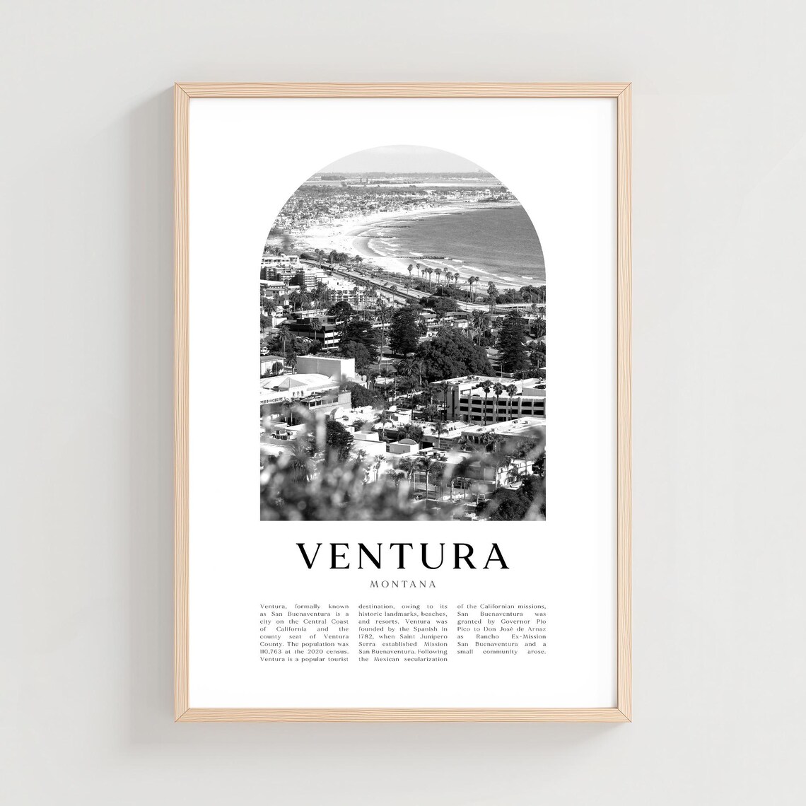 Ventura Montana Coastal City Beach Black and White Photo Poster