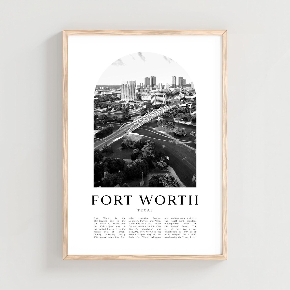 Fort Worth Texas Black and White Aerial Downtown Skyline Photo Art Poster