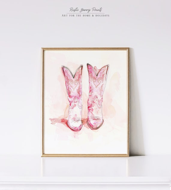 Pink Cowgirl Boots Art Print Wall Art Poster Vintage Preppy Trendy Western Decor Dorm Room Instant