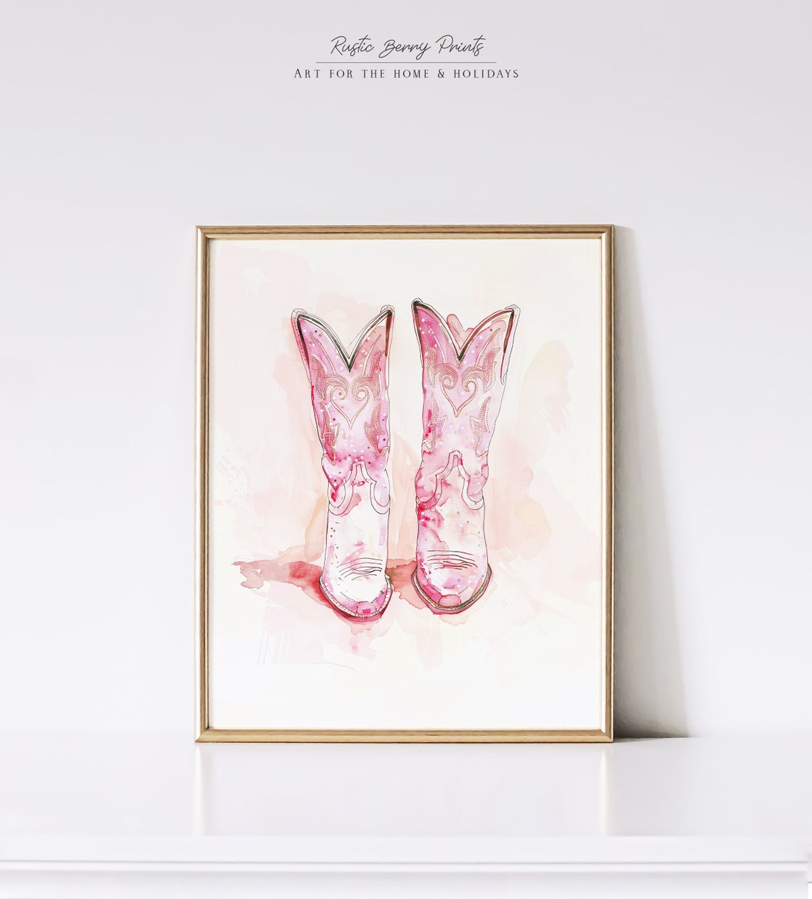 Pink Cowboy Boots Front View Pastel Watercolor Cowgirl Wall Art