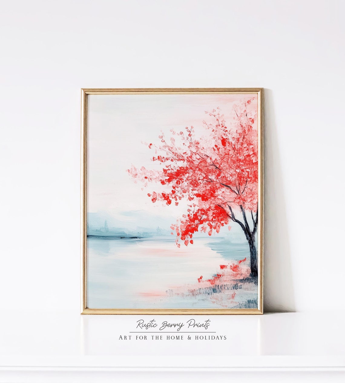 Red Tree Lake Landscape Painting Wall Art Vintage Print Cottagecore Art