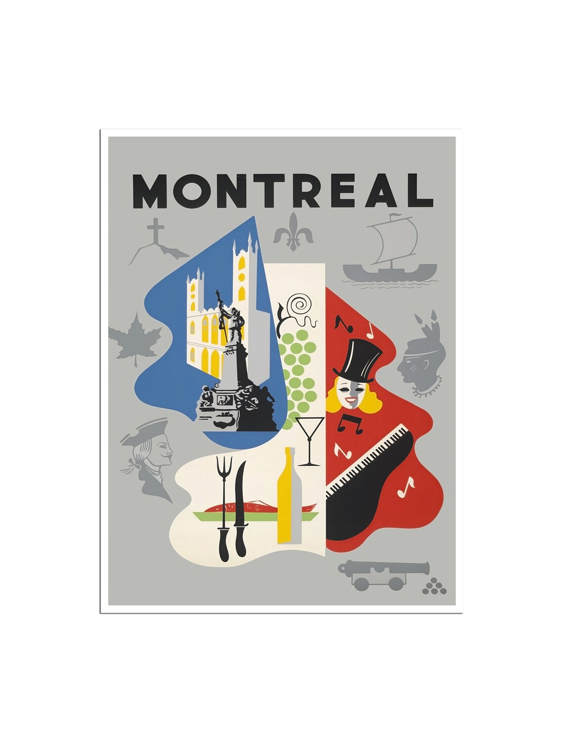 Montreal Vintage City Symbols Jazz Landmarks Collage Travel Poster