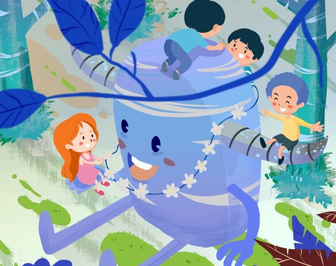 Playful Kids Playing on Giant Blue Monster in Magical Forest Poster