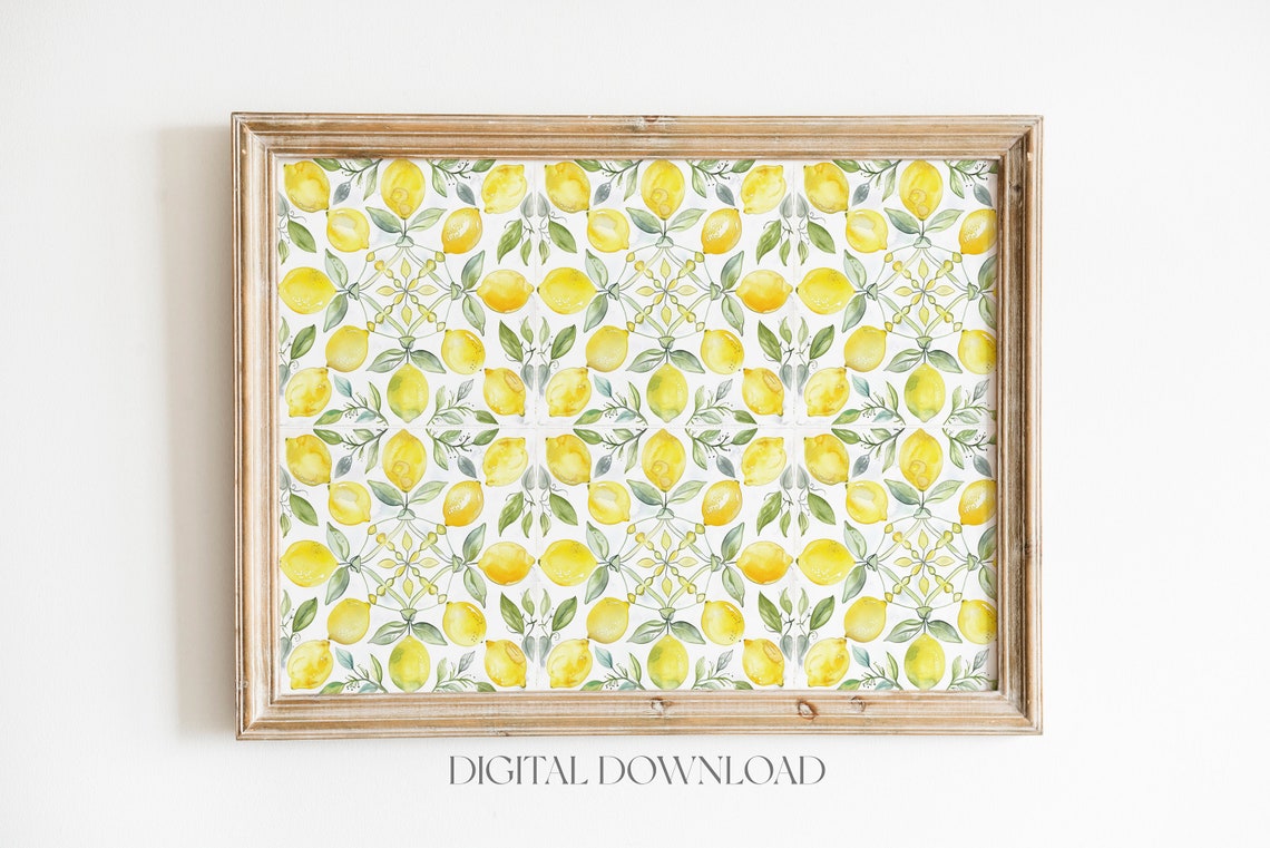 Watercolor Lemon Tile Pattern Mediterranean Kitchen Wall Art - Image 4