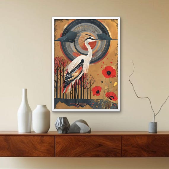 Japanese Red Crowned Crane Poppies Rising Sun Oriental Birds Art Poster