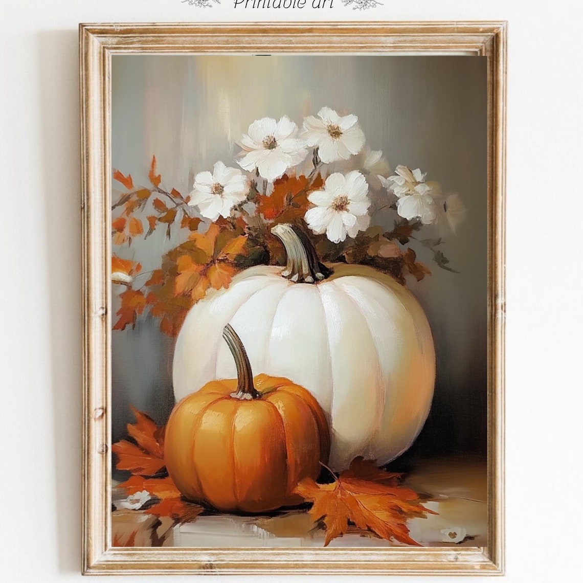 White and Orange Pumpkins with Autumn Flowers Still Life Poster - Image 6