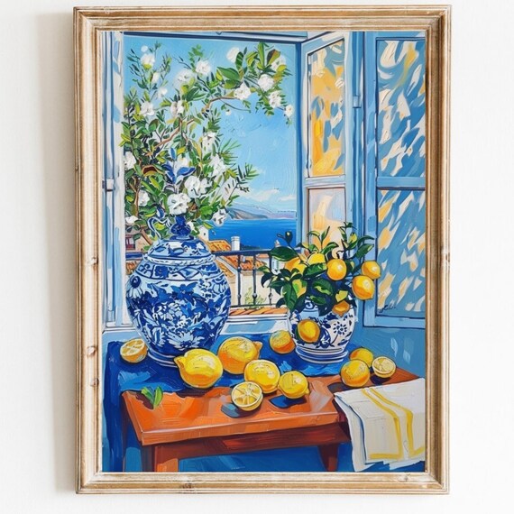 Mediterranean Window View with Lemons Blue Shutters Impressionist Poster