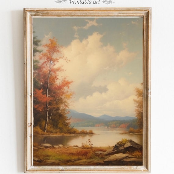 Autumn Landscape Print Vintage Fall Autumn Poster Forest Lake Art Rustic Fall Decor Moody Wall Art Autumn