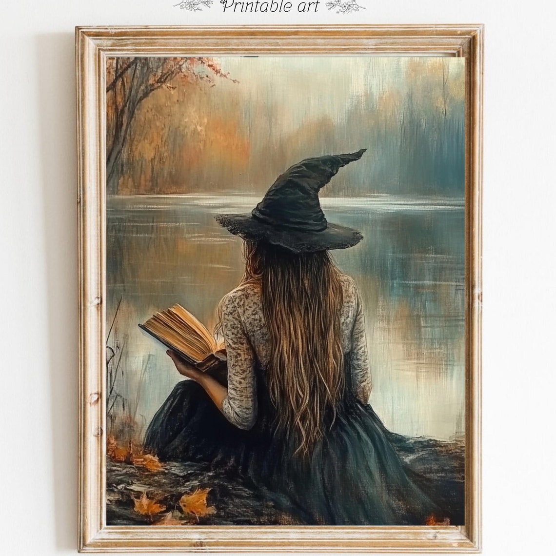 Witch Reading Her Book by Misty Autumn Lake Halloween Poster - Image 6