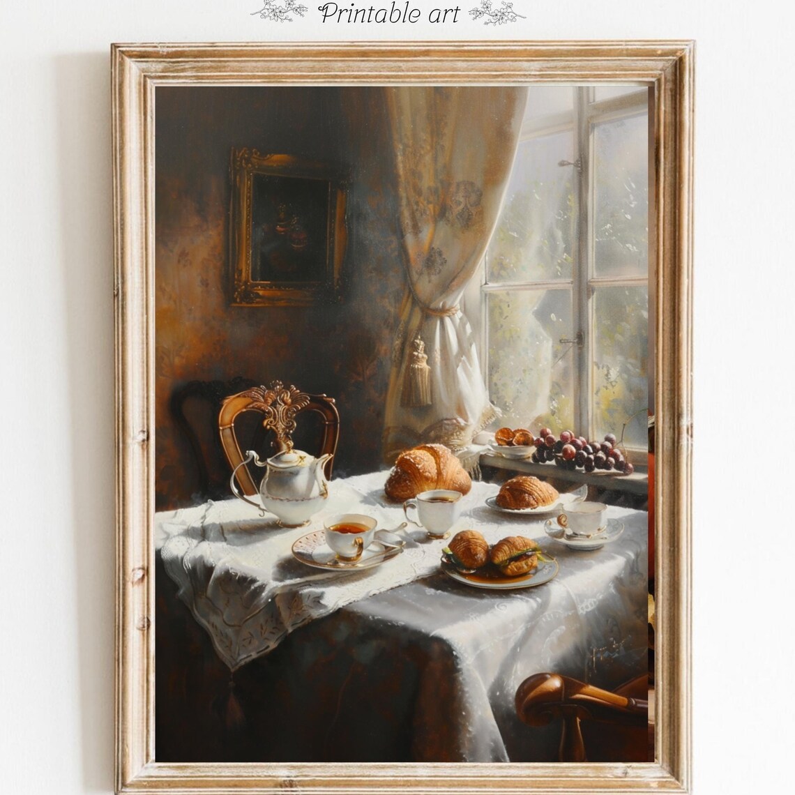 Vintage Tea Table with Croissants and Tea by Sunlit Window Poster