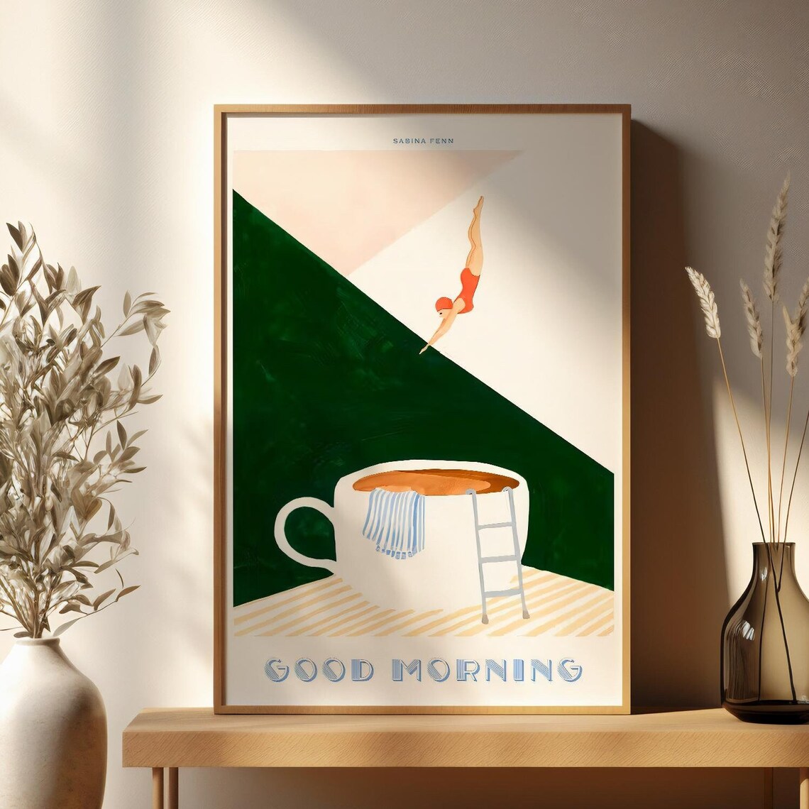 Good Morning Swimmer Diving into Coffee Cup Playful Art Poster