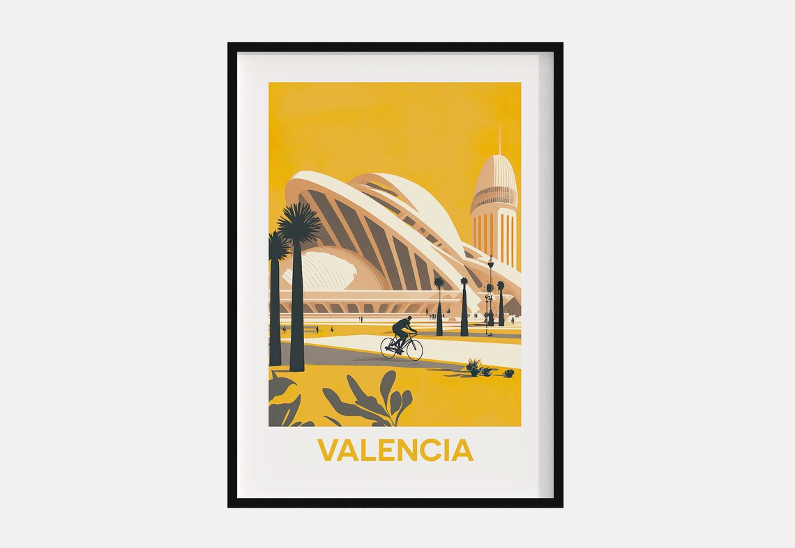 Valencia City of Arts and Sciences Yellow Vintage Travel Poster