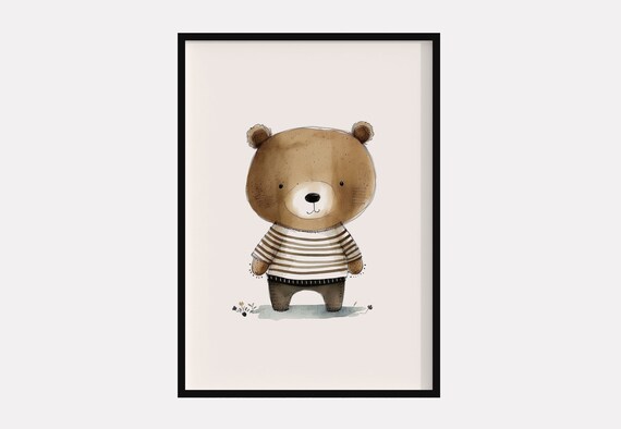 Cute Teddy Bear Striped Shirt Watercolor Nursery Kids Poster