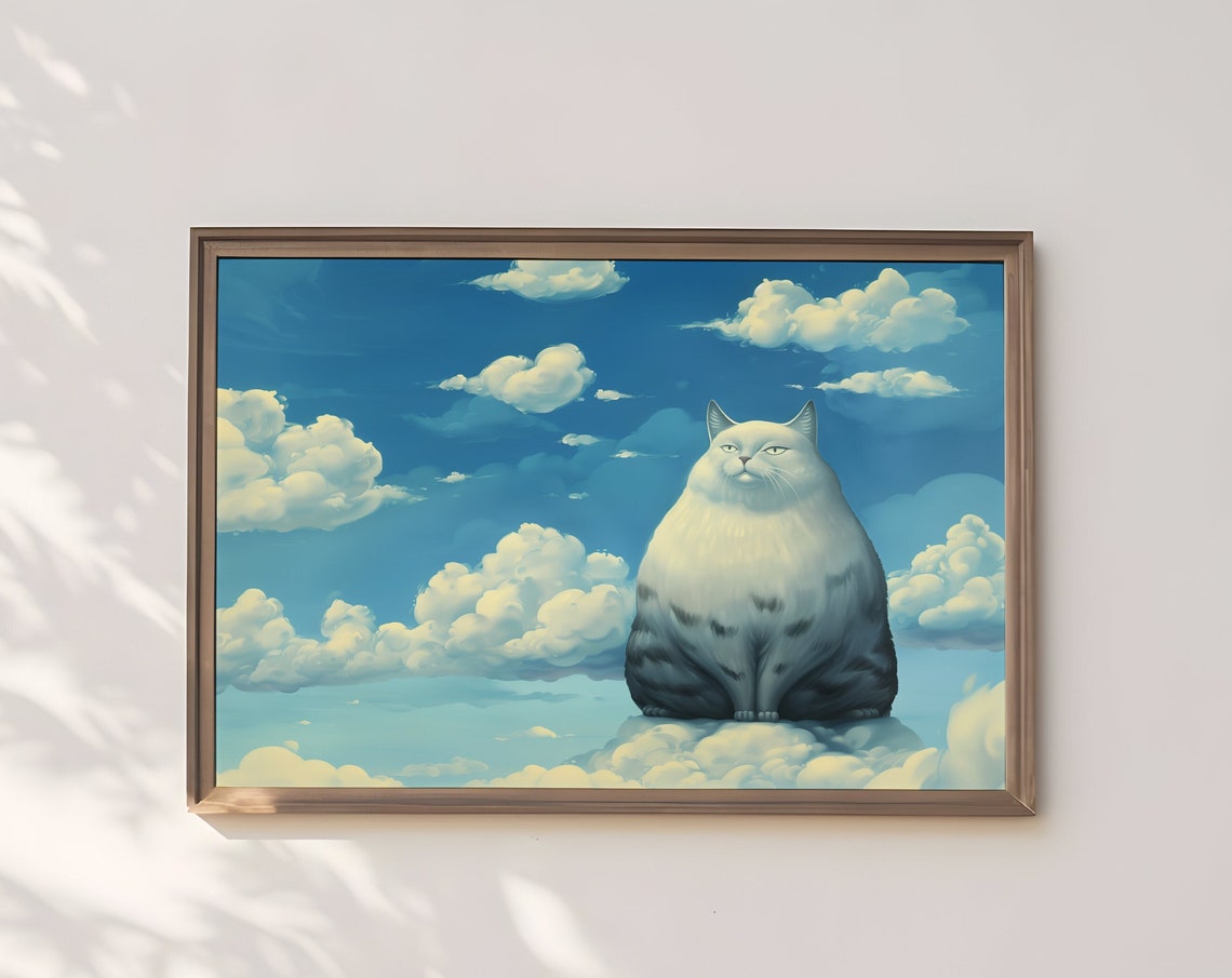 Whimsical Maine Coon On Clouds Print Dreamy Feline Artwork Celestial Kitty Painting Wall Art For Home Decor
