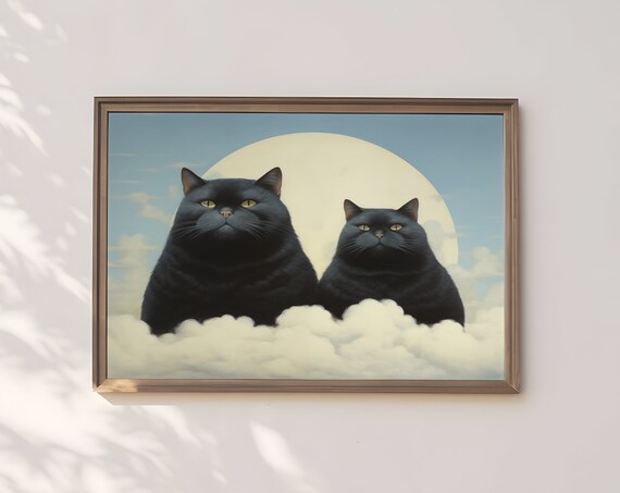 Whimsical Cat On Clouds Print Dreamy Feline Artwork Celestial Kitty Painting Wall Art For Home Decor
