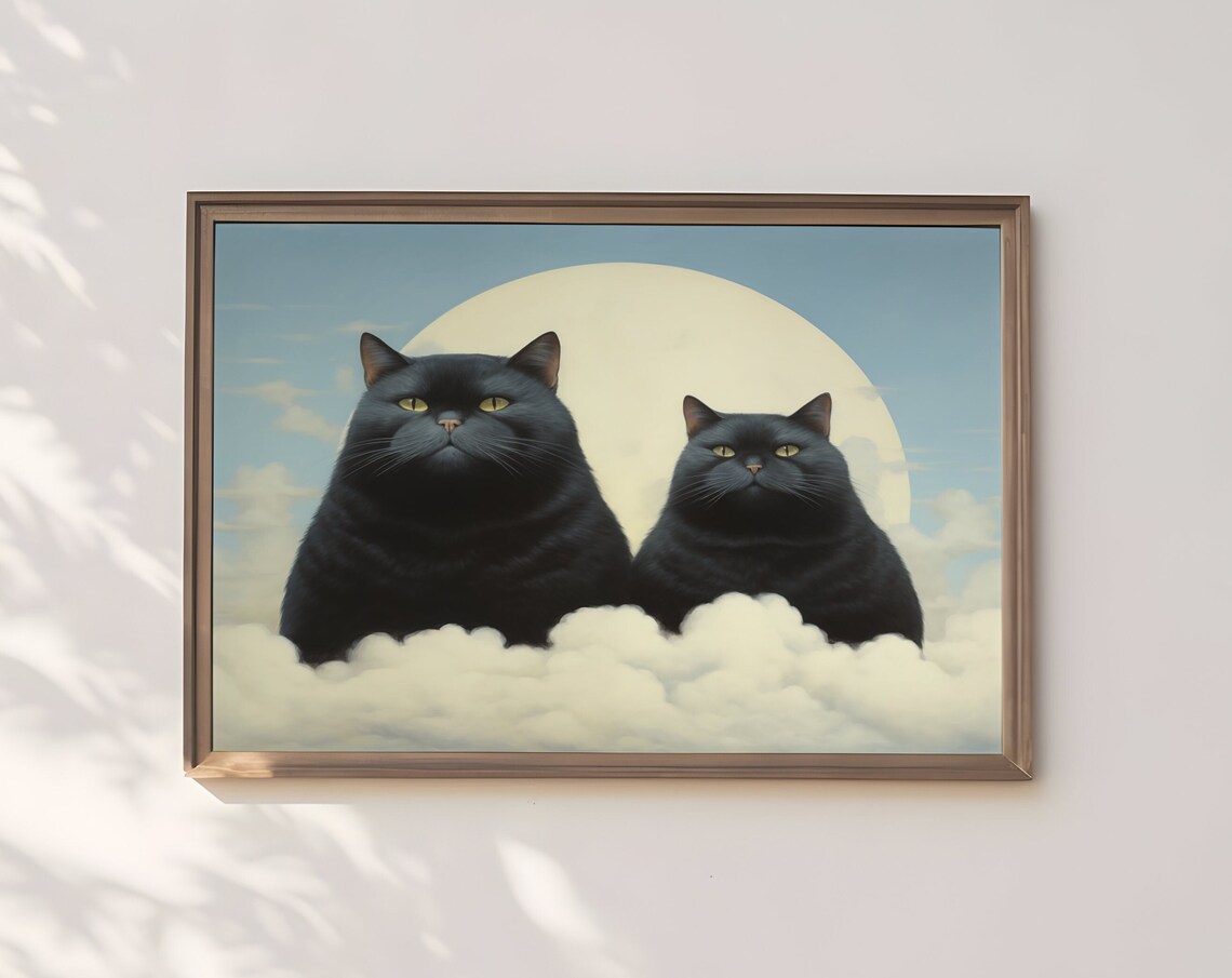 Whimsical Black Cats On Clouds Moon Dreamy Feline Art Poster