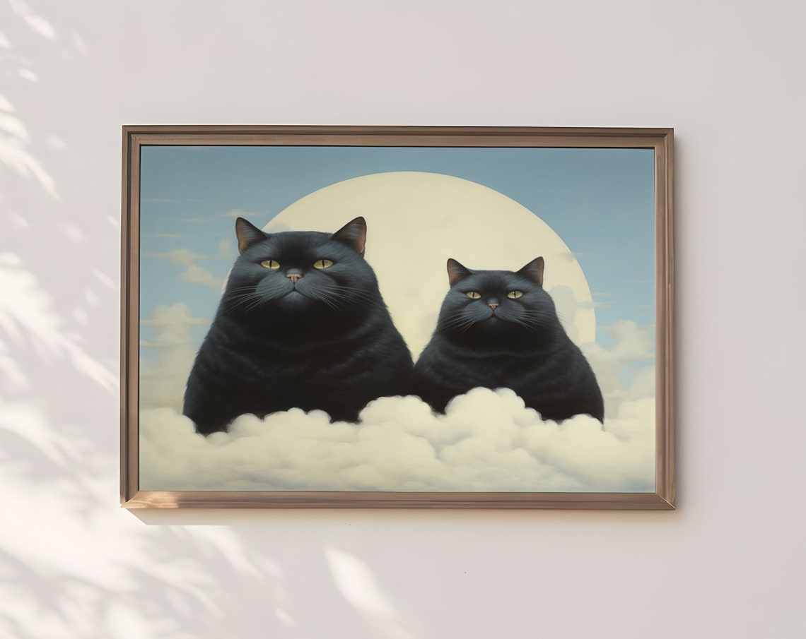 Whimsical Cat On Clouds Print Dreamy Feline Artwork Celestial Kitty Painting Wall Art For Home Decor