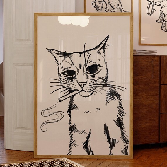 Smoking Cat Funny Retro Ink Sketch Portrait Trendy Cool Cat Wall Art