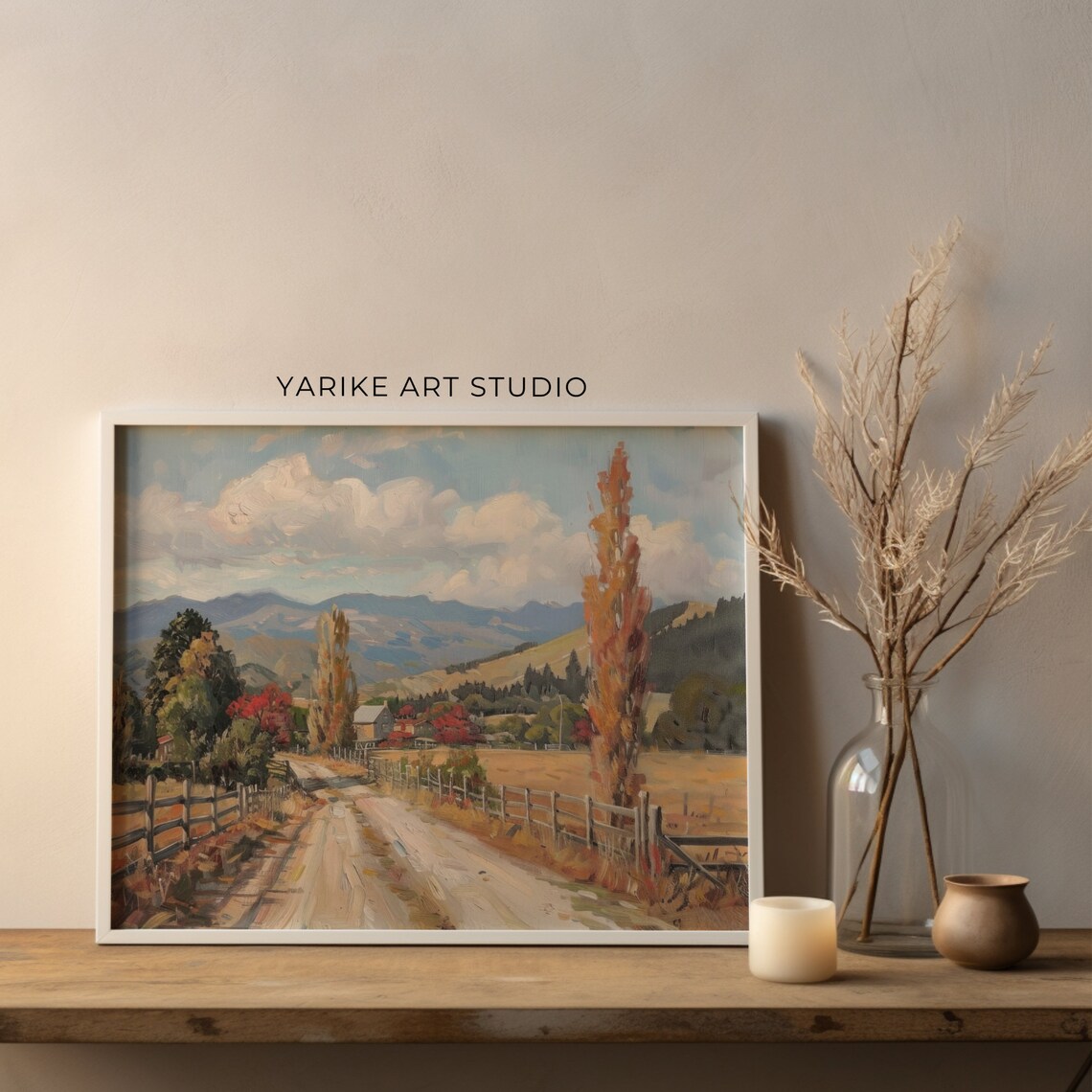 Autumn Country Road with Fences Mountains Vintage Landscape Poster - Image 2