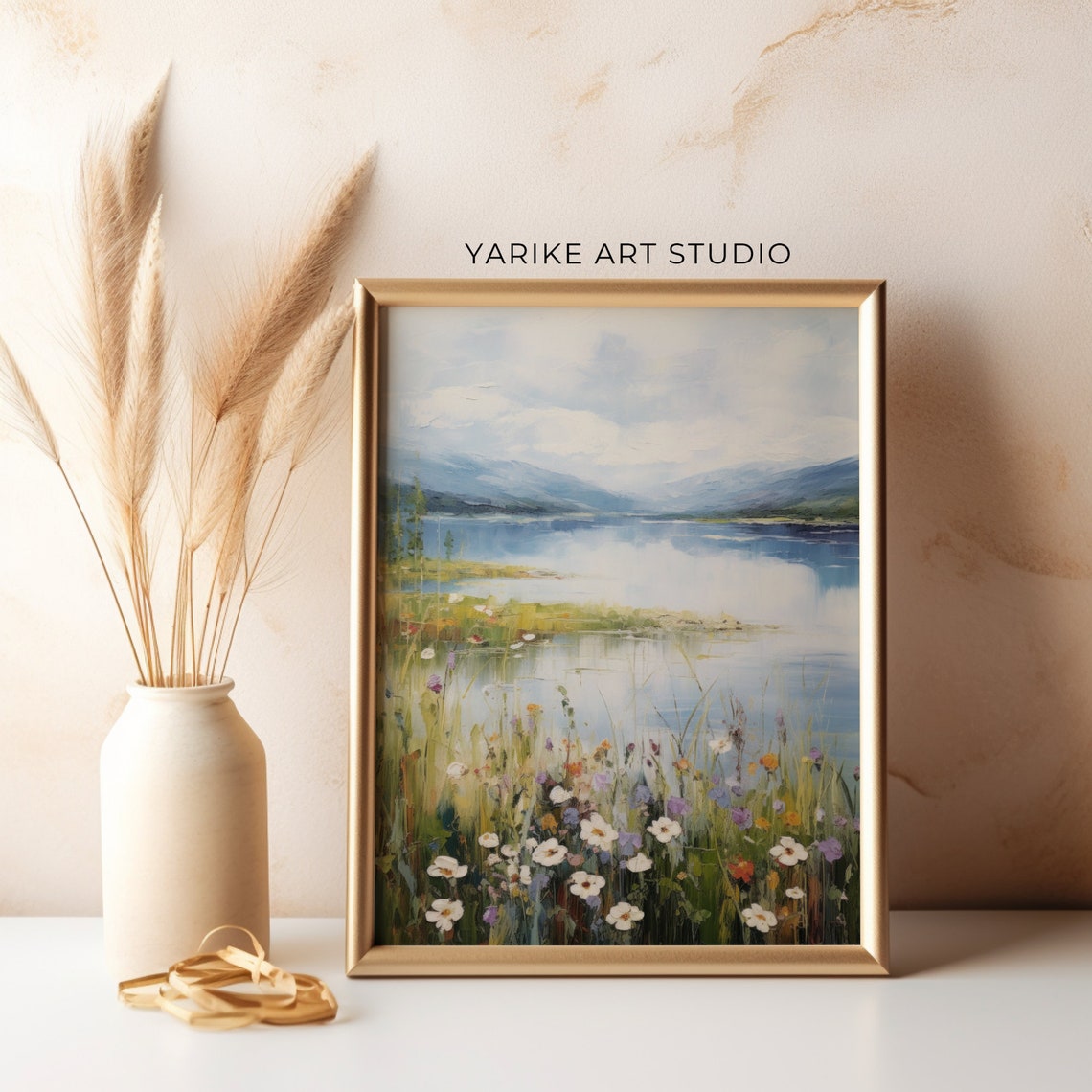 Mountain Lake Wildflowers Impressionist Summer Landscape Art Poster - Image 3