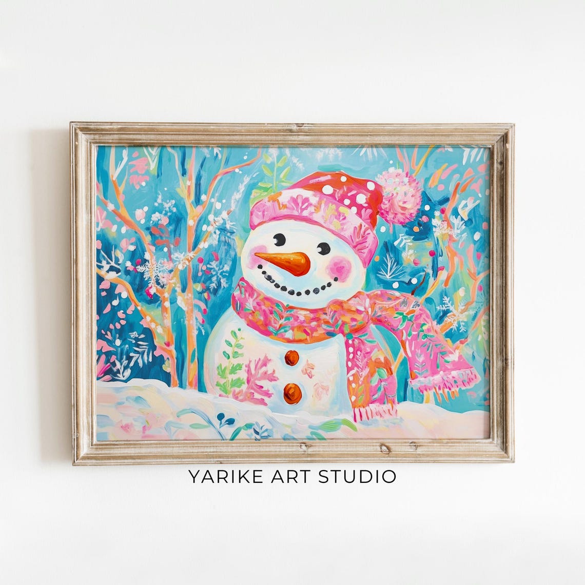 Colorful Snowman Portrait Pink Scarf Winter Nursery Holiday Poster