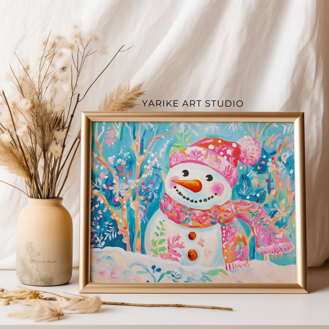 Colorful Snowman Portrait Pink Scarf Winter Nursery Holiday Poster - Image 2