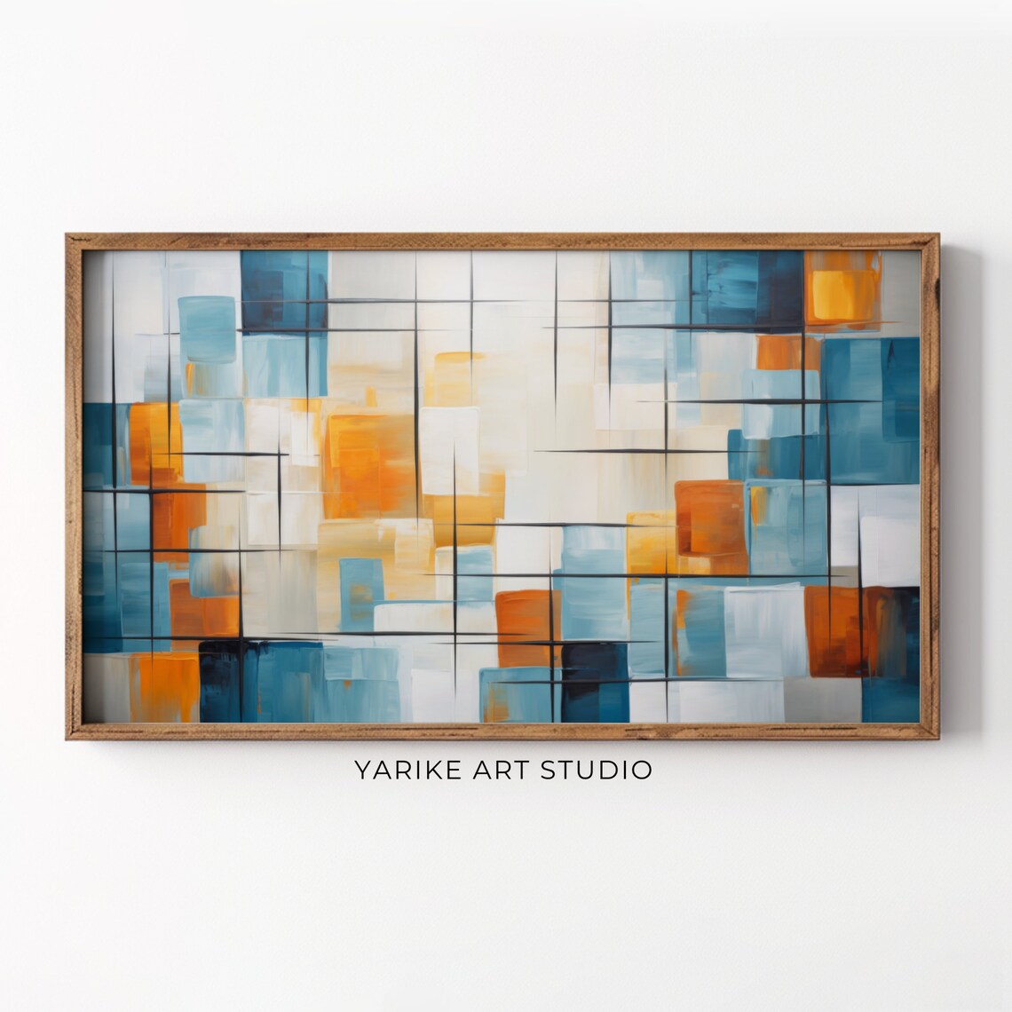 Muted Geometric Abstract Blue Orange Grid Modern Minimalist Poster