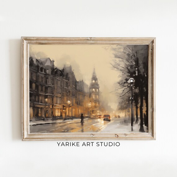 Rainy Winter City Street Night Warm Glow Streetlamps Car Scene Poster