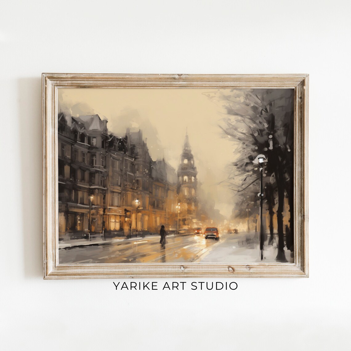 Rainy Winter City Street Night Warm Glow Streetlamps Car Scene Poster