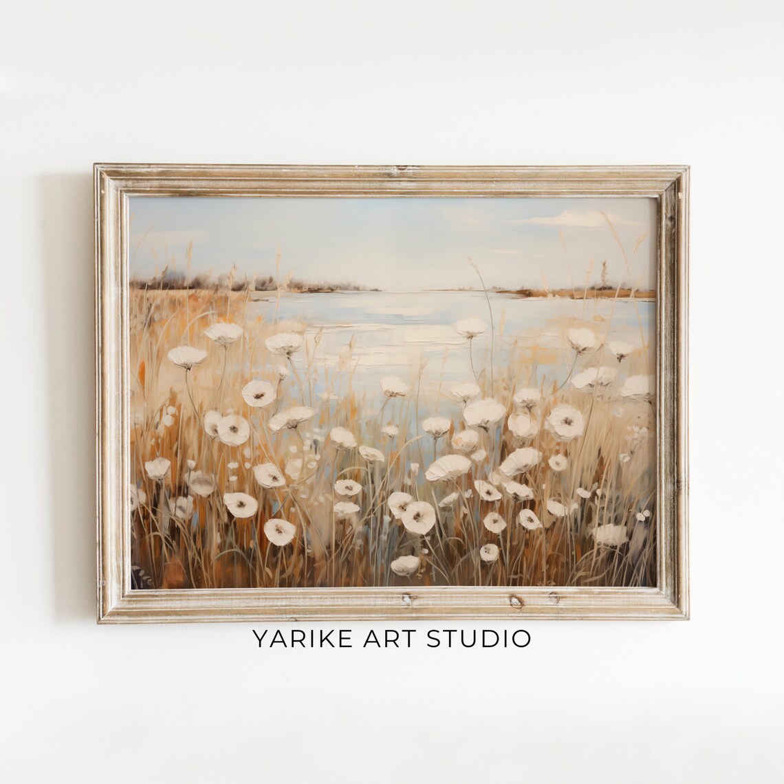 White Cosmos Flowers Lake Reeds Summer Lakeside Vintage Art Poster